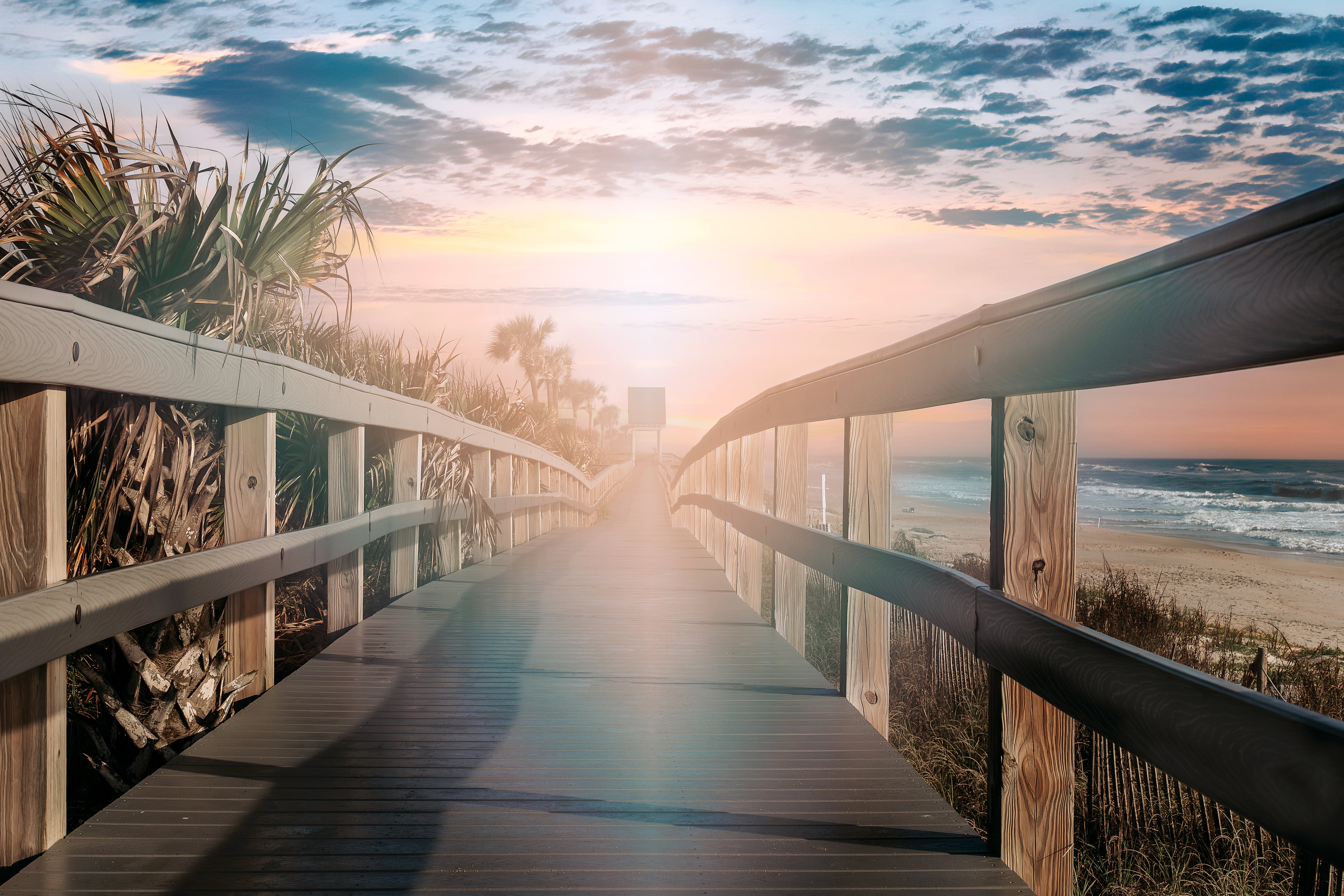 Golden Horizon: Coastal Boardwalk at Sunrise Canvas Print