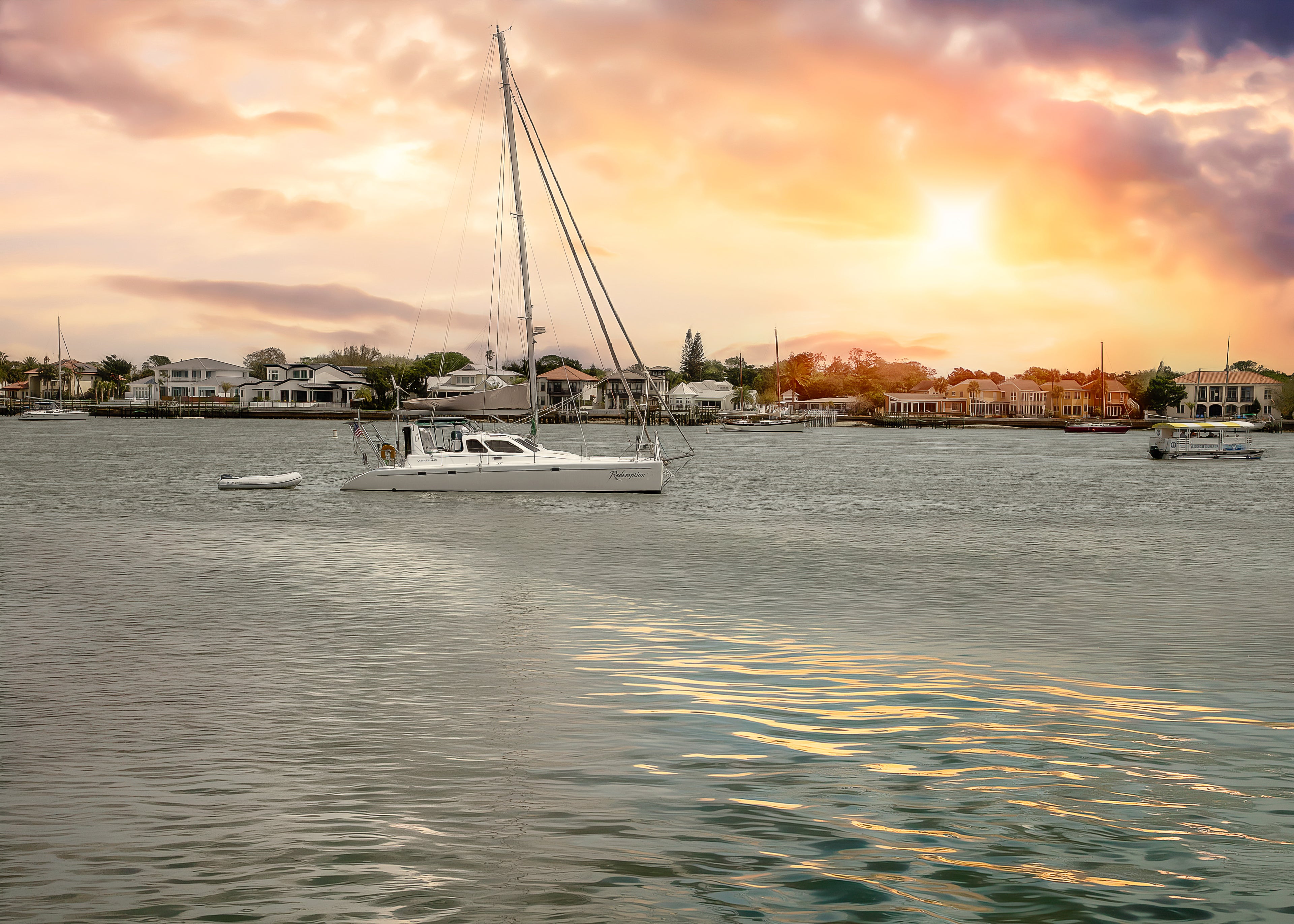 Golden Hour Harbor — Sailboat at Sunset Canvas Print